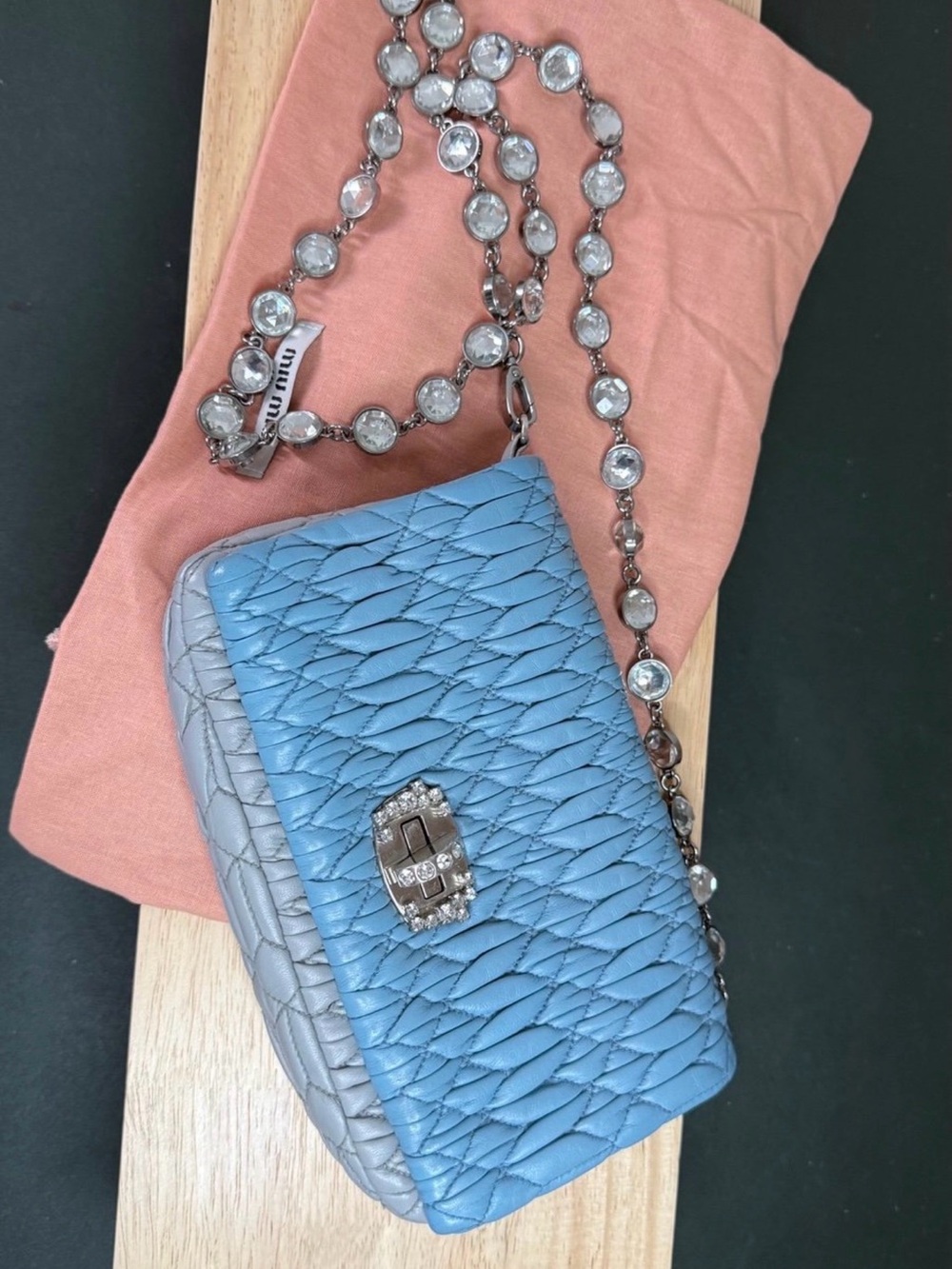 Miu Miu Light Blue Quilted Leather Crossbody with Crystal-Embellished Chain